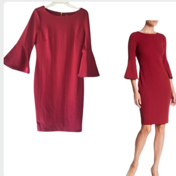 Calvin Klein Bell Sleeve Sheath Dress | Size 4 | Burgundy Red - Picture 1 of 10